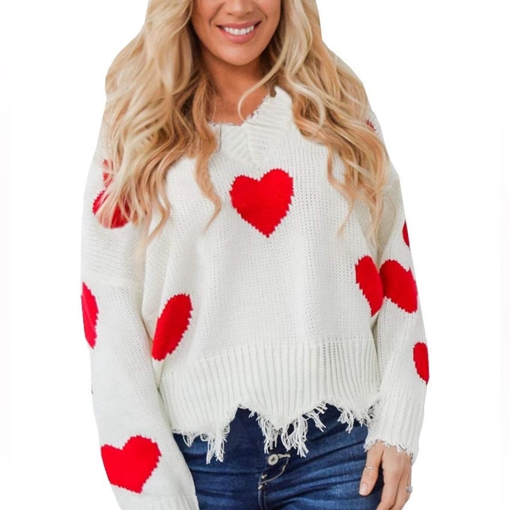 Women's Heart Pattern Ripped Sweater V Neck Distressed Knit Pullover Sweater